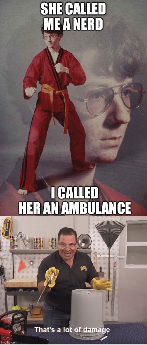 OOF STONES | SHE CALLED ME A NERD; I CALLED HER AN AMBULANCE | image tagged in memes,karate kyle,thats a lot of damage | made w/ Imgflip meme maker