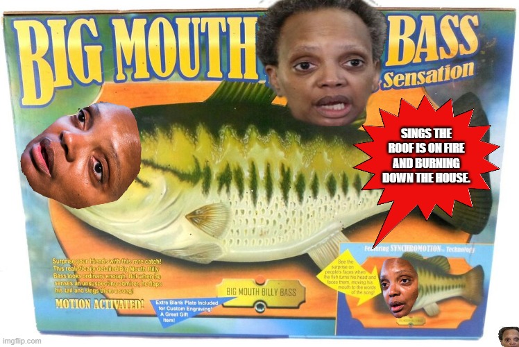 FROM THE LORI LIGHTFOOT COLLECTION COMES-BIG MOUTH LORI BASS. | SINGS THE ROOF IS ON FIRE AND BURNING DOWN THE HOUSE. | image tagged in lori lightfoot,antifa,riots,mostly peaceful protestors | made w/ Imgflip meme maker