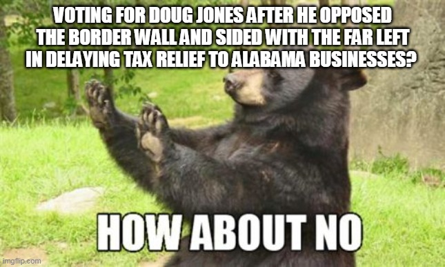 How About No Bear | VOTING FOR DOUG JONES AFTER HE OPPOSED THE BORDER WALL AND SIDED WITH THE FAR LEFT IN DELAYING TAX RELIEF TO ALABAMA BUSINESSES? | image tagged in memes,how about no bear | made w/ Imgflip meme maker