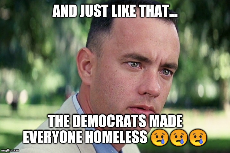 And Just Like That Meme | AND JUST LIKE THAT... THE DEMOCRATS MADE EVERYONE HOMELESS 😢😢😢 | image tagged in memes,and just like that | made w/ Imgflip meme maker