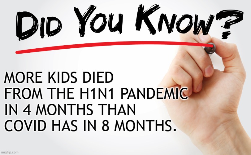 MORE KIDS DIED FROM THE H1N1 PANDEMIC IN 4 MONTHS THAN COVID HAS IN 8 MONTHS. | image tagged in did you know | made w/ Imgflip meme maker