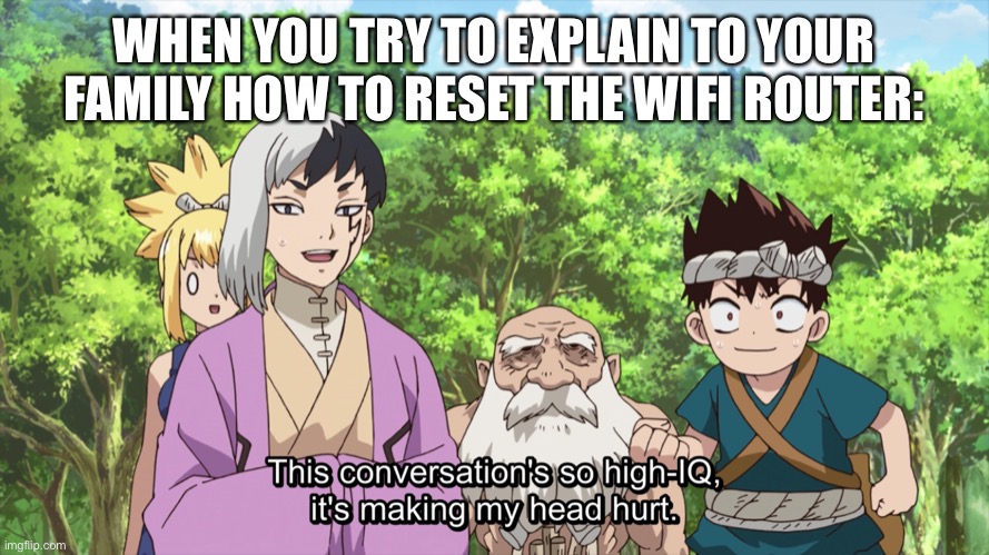 Dr stone characters | WHEN YOU TRY TO EXPLAIN TO YOUR FAMILY HOW TO RESET THE WIFI ROUTER: | image tagged in anime | made w/ Imgflip meme maker