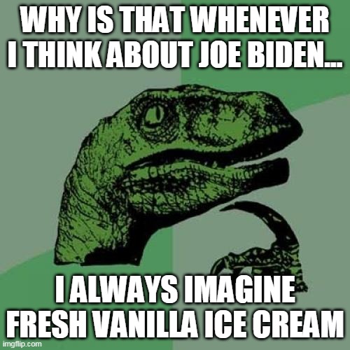 It's because all his supporters look like him | WHY IS THAT WHENEVER I THINK ABOUT JOE BIDEN... I ALWAYS IMAGINE FRESH VANILLA ICE CREAM | image tagged in memes,philosoraptor,joe biden,vanilla ice,ice cream,white people | made w/ Imgflip meme maker