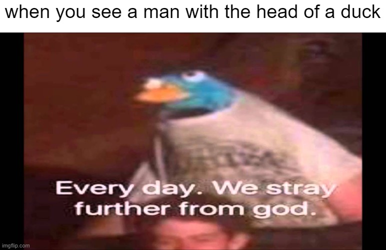 Why. Does this man. Have the head. Of a duck. | when you see a man with the head of a duck | image tagged in every day we stray further from god | made w/ Imgflip meme maker
