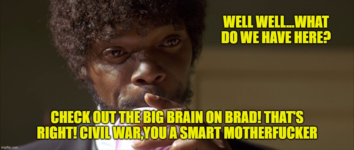Mm-hmm! This is a tasty burger! | WELL WELL...WHAT DO WE HAVE HERE? CHECK OUT THE BIG BRAIN ON BRAD! THAT'S RIGHT! CIVIL WAR,YOU A SMART MOTHERFUCKER | image tagged in mm-hmm this is a tasty burger | made w/ Imgflip meme maker