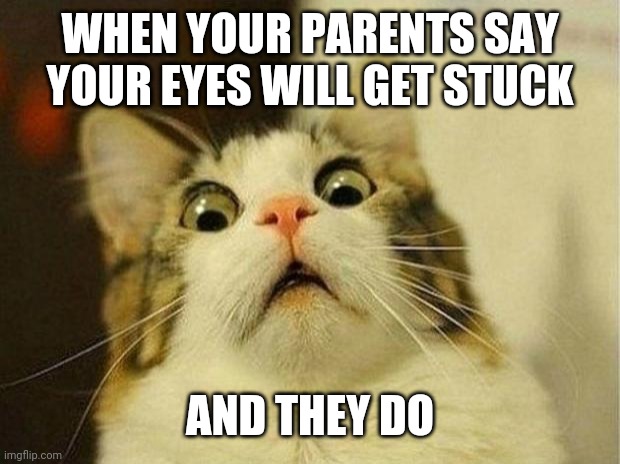 Scared Cat | WHEN YOUR PARENTS SAY YOUR EYES WILL GET STUCK; AND THEY DO | image tagged in memes,scared cat | made w/ Imgflip meme maker