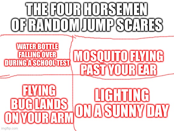 Blank White Template | THE FOUR HORSEMEN OF RANDOM JUMP SCARES; WATER BOTTLE FALLING OVER DURING A SCHOOL TEST; MOSQUITO FLYING PAST YOUR EAR; LIGHTING ON A SUNNY DAY; FLYING BUG LANDS ON YOUR ARM | image tagged in relatable,four horsemen,jumpscare | made w/ Imgflip meme maker