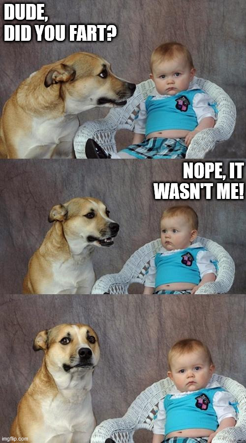 Fart? | DUDE, DID YOU FART? NOPE, IT WASN'T ME! | image tagged in dog and baby | made w/ Imgflip meme maker