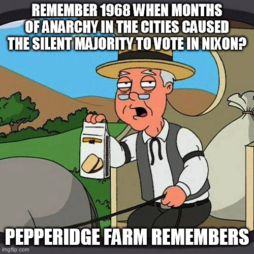 Peppridge Farm remembers 1968 | REMEMBER 1968 WHEN MONTHS OF ANARCHY IN THE CITIES CAUSED THE SILENT MAJORITY TO VOTE IN NIXON? PEPPERIDGE FARM REMEMBERS | image tagged in funny meme | made w/ Imgflip meme maker