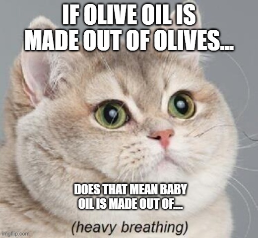 Heavy Breathing Cat Meme | IF OLIVE OIL IS MADE OUT OF OLIVES... DOES THAT MEAN BABY OIL IS MADE OUT OF.... | image tagged in memes,heavy breathing cat | made w/ Imgflip meme maker