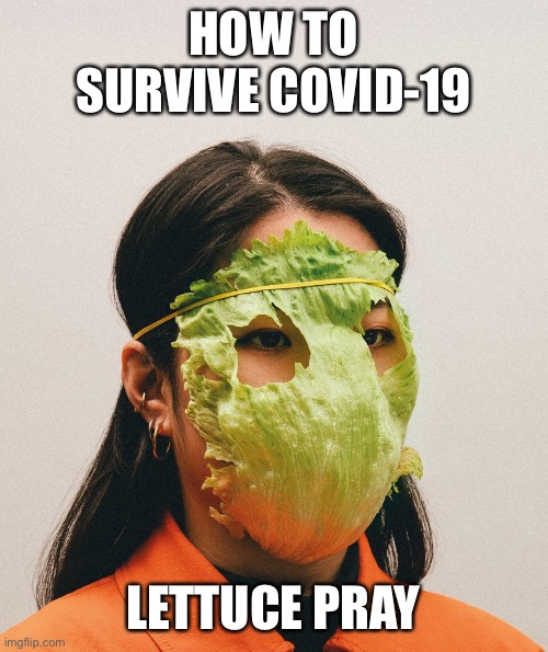COVID | HOW TO SURVIVE COVID-19; LETTUCE PRAY | image tagged in face mask,prayer,covid | made w/ Imgflip meme maker