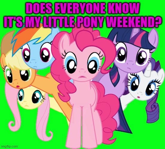 my little pony weekend | DOES EVERYONE KNOW IT'S MY LITTLE PONY WEEKEND? | image tagged in my little pony,kewlew | made w/ Imgflip meme maker
