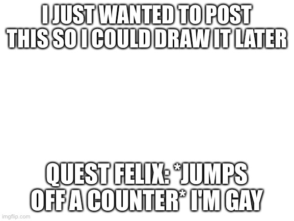 Canon and in my opinion funny | I JUST WANTED TO POST THIS SO I COULD DRAW IT LATER; QUEST FELIX: *JUMPS OFF A COUNTER* I'M GAY | image tagged in blank white template | made w/ Imgflip meme maker