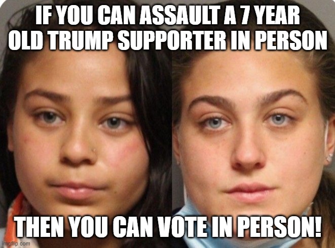 How low can the left go? | IF YOU CAN ASSAULT A 7 YEAR OLD TRUMP SUPPORTER IN PERSON; THEN YOU CAN VOTE IN PERSON! | image tagged in vote in person,prevent election fraud | made w/ Imgflip meme maker