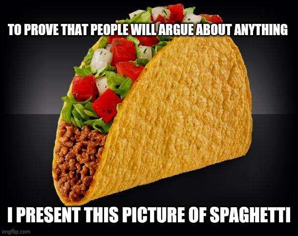 Spaghetti | TO PROVE THAT PEOPLE WILL ARGUE ABOUT ANYTHING; I PRESENT THIS PICTURE OF SPAGHETTI | image tagged in taco,spaghetti | made w/ Imgflip meme maker