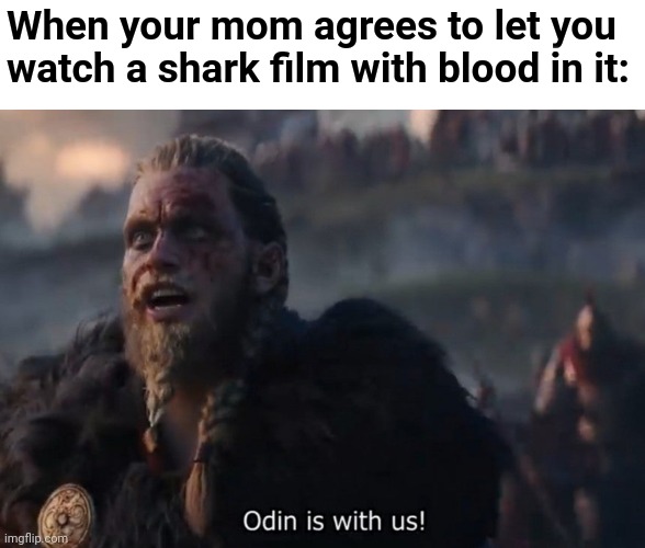 Gonna be watching The Meg today | When your mom agrees to let you watch a shark film with blood in it: | image tagged in odin is with us,memes,crappy memes | made w/ Imgflip meme maker