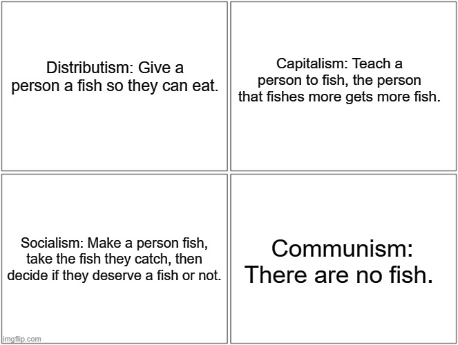 Understanding ism's | Capitalism: Teach a person to fish, the person that fishes more gets more fish. Distributism: Give a person a fish so they can eat. Socialism: Make a person fish, take the fish they catch, then decide if they deserve a fish or not. Communism: There are no fish. | image tagged in memes,blank comic panel 2x2 | made w/ Imgflip meme maker