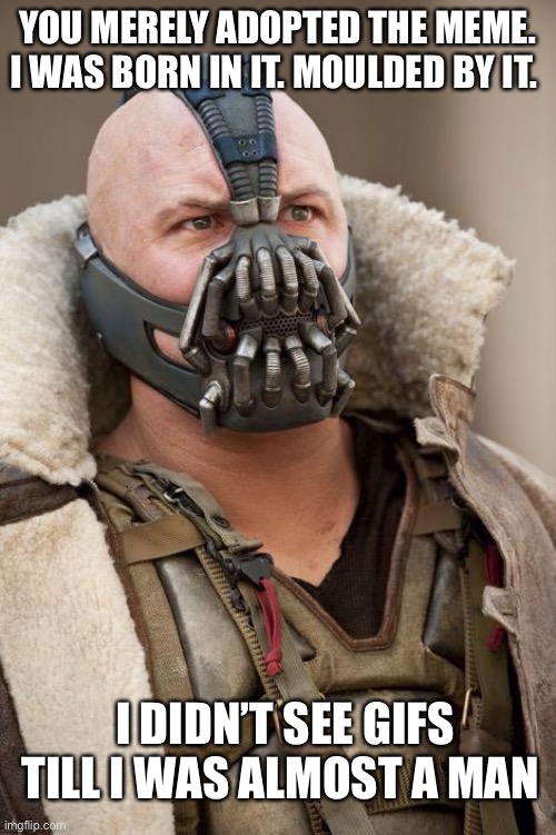 Born in memes | YOU MERELY ADOPTED THE MEME. I WAS BORN IN IT. MOULDED BY IT. I DIDN’T SEE GIFS TILL I WAS ALMOST A MAN | image tagged in bane,funny memes | made w/ Imgflip meme maker