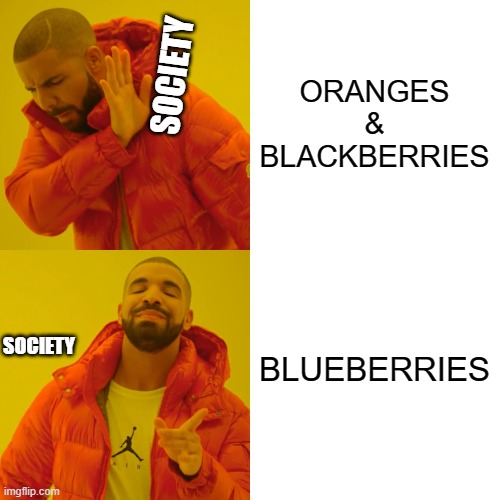 Society on fruits which are named after their colours. | ORANGES
&
BLACKBERRIES; SOCIETY; BLUEBERRIES; SOCIETY | image tagged in memes,drake hotline bling | made w/ Imgflip meme maker