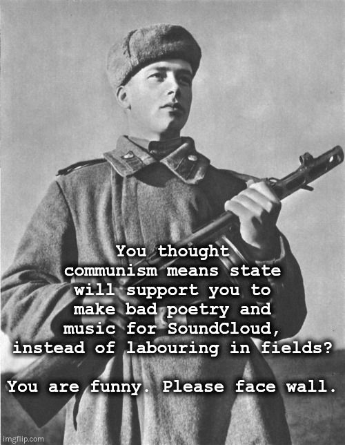 This is communism, comrade | You thought communism means state will support you to make bad poetry and music for SoundCloud, instead of labouring in fields?
 
You are funny. Please face wall. | image tagged in communism,socialism,liberal hypocrisy | made w/ Imgflip meme maker