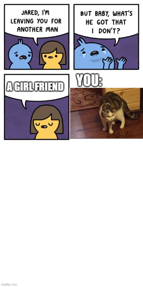 just sharing a meme i got from memenade sub to him | YOU:; A GIRL FRIEND | image tagged in jared i'm leaving you | made w/ Imgflip meme maker