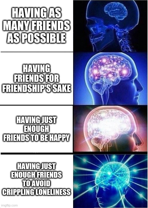 Having friends expanding brain | HAVING AS MANY FRIENDS AS POSSIBLE; HAVING FRIENDS FOR FRIENDSHIP'S SAKE; HAVING JUST ENOUGH FRIENDS TO BE HAPPY; HAVING JUST ENOUGH FRIENDS TO AVOID CRIPPLING LONELINESS | image tagged in memes,expanding brain,friends,friendship | made w/ Imgflip meme maker