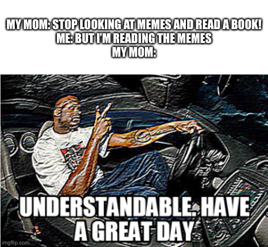 I wish | MY MOM: STOP LOOKING AT MEMES AND READ A BOOK!
ME: BUT I’M READING THE MEMES
MY MOM: | image tagged in understandable have a great day | made w/ Imgflip meme maker