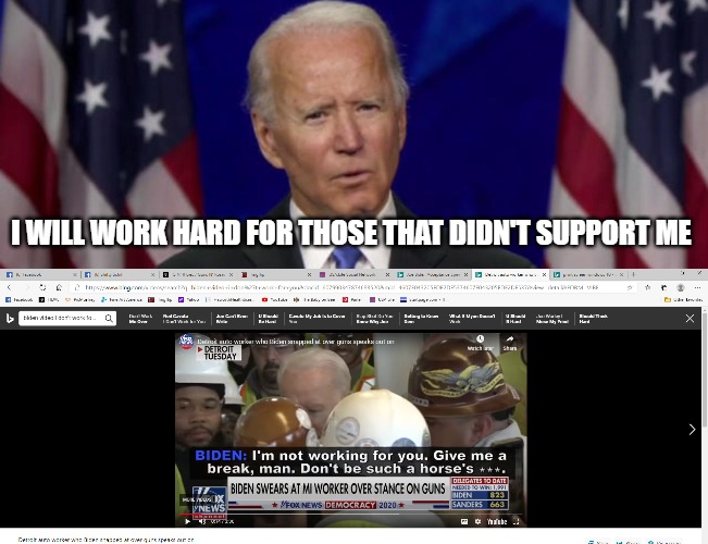 Sure You Will | I WILL WORK HARD FOR THOSE THAT DIDN'T SUPPORT ME | image tagged in biden,lies,work,speech | made w/ Imgflip meme maker