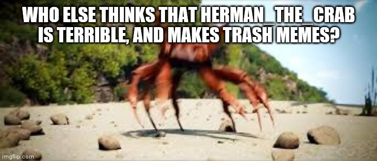 crab rave | WHO ELSE THINKS THAT HERMAN_THE_CRAB IS TERRIBLE, AND MAKES TRASH MEMES? | image tagged in crab rave | made w/ Imgflip meme maker