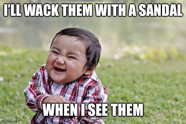 Evil Toddler Meme | I’LL WACK THEM WITH A SANDAL WHEN I SEE THEM | image tagged in memes,evil toddler | made w/ Imgflip meme maker