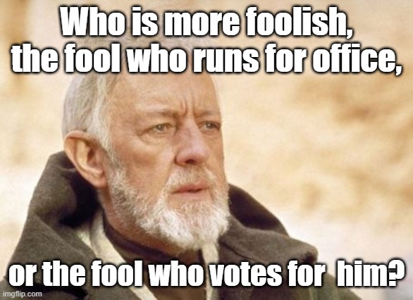 Obi Wan Kenobi | Who is more foolish, the fool who runs for office, or the fool who votes for  him? | image tagged in memes,obi wan kenobi | made w/ Imgflip meme maker