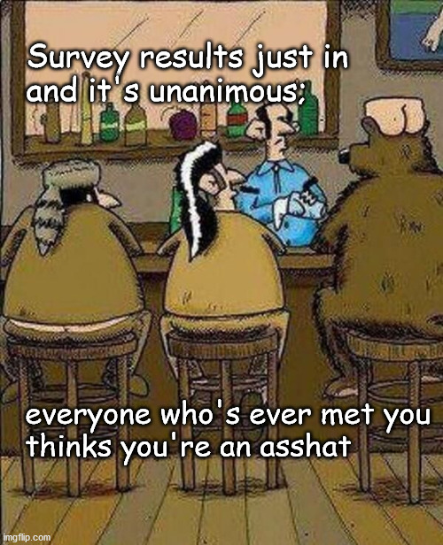 asshat | Survey results just in
  and it's unanimous;; everyone who's ever met you
  thinks you're an asshat | image tagged in survey results | made w/ Imgflip meme maker