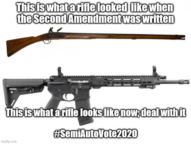 #SemiAutoVote2020 | This is what a rifle looked  like when 

the Second Amendment was written; This is what a rifle looks like now; deal with it
 
#SemiAutoVote2020 | image tagged in 2nd amendment | made w/ Imgflip meme maker