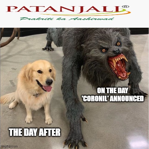 patanjali 1 | ON THE DAY 'CORONIL' ANNOUNCED; THE DAY AFTER | image tagged in dog vs werewolf | made w/ Imgflip meme maker