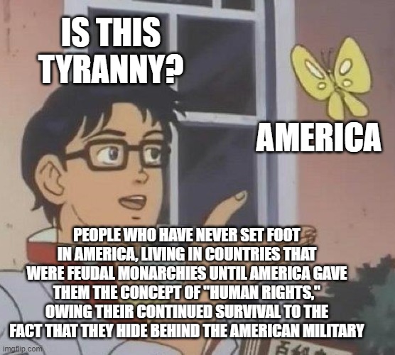 Europeans have a lot to say | IS THIS TYRANNY? AMERICA; PEOPLE WHO HAVE NEVER SET FOOT IN AMERICA, LIVING IN COUNTRIES THAT WERE FEUDAL MONARCHIES UNTIL AMERICA GAVE THEM THE CONCEPT OF "HUMAN RIGHTS," OWING THEIR CONTINUED SURVIVAL TO THE FACT THAT THEY HIDE BEHIND THE AMERICAN MILITARY | image tagged in memes,is this a pigeon | made w/ Imgflip meme maker