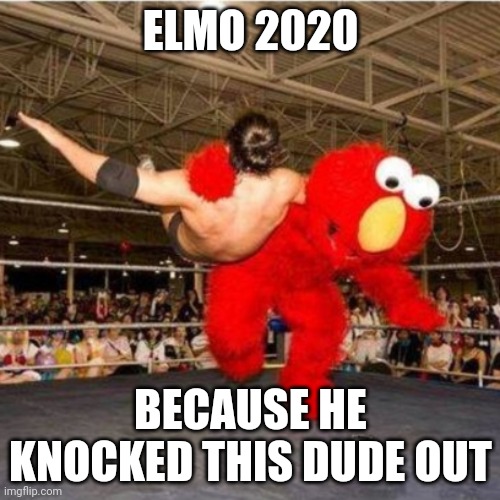 Elmo wrestling | ELMO 2020 BECAUSE HE KNOCKED THIS DUDE OUT | image tagged in elmo wrestling | made w/ Imgflip meme maker