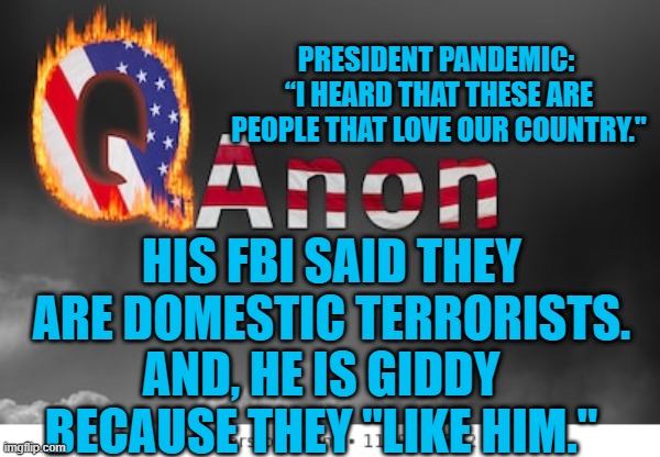 Presdient Pandemic's Perfidious Pals | PRESIDENT PANDEMIC:  “I HEARD THAT THESE ARE PEOPLE THAT LOVE OUR COUNTRY."; HIS FBI SAID THEY ARE DOMESTIC TERRORISTS. AND, HE IS GIDDY BECAUSE THEY "LIKE HIM." | image tagged in politics | made w/ Imgflip meme maker