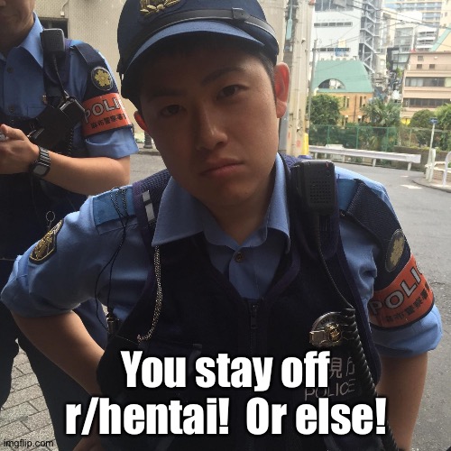 Roppongi Tokyo Japan angry police officer or cop | You stay off r/hentai!  Or else! | image tagged in roppongi tokyo japan angry police officer or cop | made w/ Imgflip meme maker