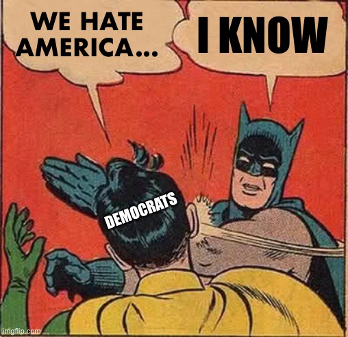 Batman Slapping Robin Meme | WE HATE AMERICA... I KNOW DEMOCRATS | image tagged in memes,batman slapping robin | made w/ Imgflip meme maker