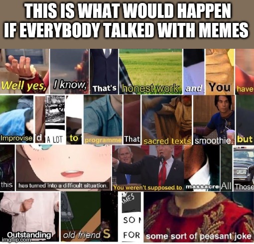idk what im doing. im just random at times | THIS IS WHAT WOULD HAPPEN IF EVERYBODY TALKED WITH MEMES | image tagged in well yes peasant joke | made w/ Imgflip meme maker