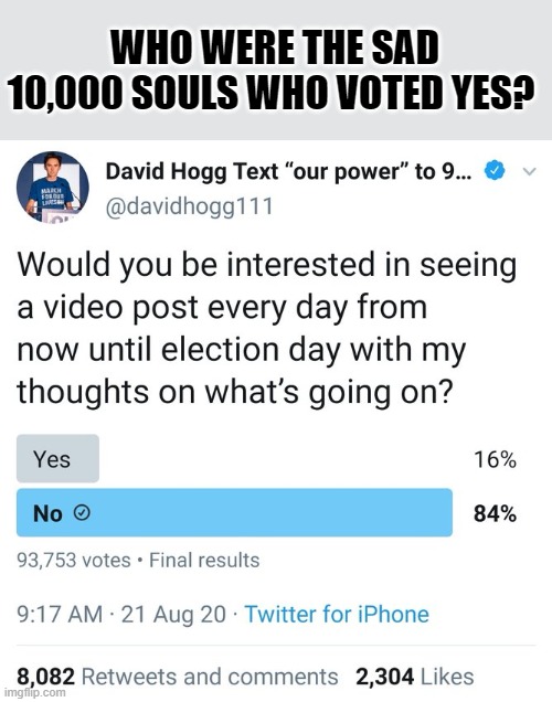 David Hogg has been | WHO WERE THE SAD 10,000 SOULS WHO VOTED YES? | image tagged in david hogg | made w/ Imgflip meme maker