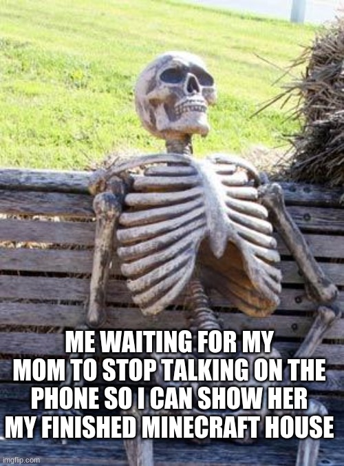 Minecraft | ME WAITING FOR MY MOM TO STOP TALKING ON THE PHONE SO I CAN SHOW HER MY FINISHED MINECRAFT HOUSE | image tagged in memes,waiting skeleton,minecraft,house,mom | made w/ Imgflip meme maker