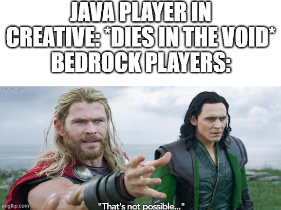 JAVA PLAYER IN CREATIVE: *DIES IN THE VOID*
BEDROCK PLAYERS: | image tagged in that's not possible,thor,minecraft,bedrock,java,creative | made w/ Imgflip meme maker