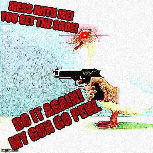 DUCK GOT BUISNESS | image tagged in duck,gun,hand | made w/ Imgflip meme maker