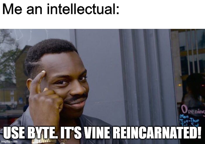 Roll Safe Think About It Meme | Me an intellectual: USE BYTE. IT'S VINE REINCARNATED! | image tagged in memes,roll safe think about it | made w/ Imgflip meme maker