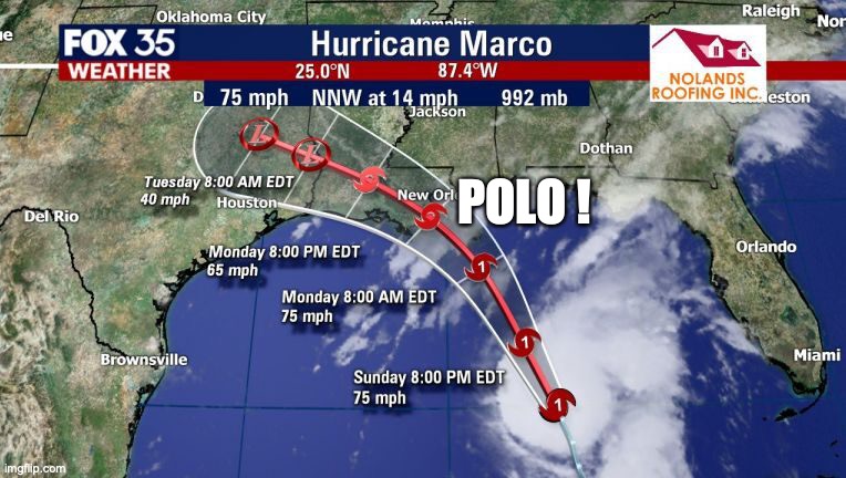 Hurricane Marco Polo |  POLO ! | image tagged in hurricane marco polo,hurricane marco,gulf of mexico,bobcrespodotcom | made w/ Imgflip meme maker