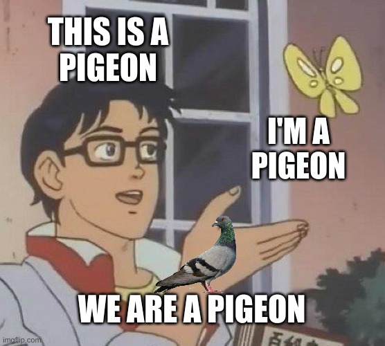 Is This A Pigeon | THIS IS A
PIGEON; I'M A
PIGEON; WE ARE A PIGEON | image tagged in memes,is this a pigeon | made w/ Imgflip meme maker