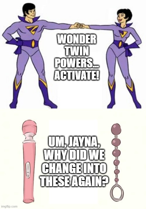 Zan and Jayna | WONDER TWIN POWERS...
ACTIVATE! UM, JAYNA, WHY DID WE CHANGE INTO THESE AGAIN? | image tagged in funny superhero | made w/ Imgflip meme maker