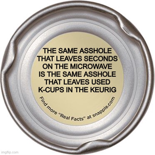 The same person...... | THE SAME ASSHOLE
THAT LEAVES SECONDS
ON THE MICROWAVE
IS THE SAME ASSHOLE
THAT LEAVES USED
K-CUPS IN THE KEURIG | image tagged in the snapple cap,facts,who does that,keurig,microwave,memes | made w/ Imgflip meme maker
