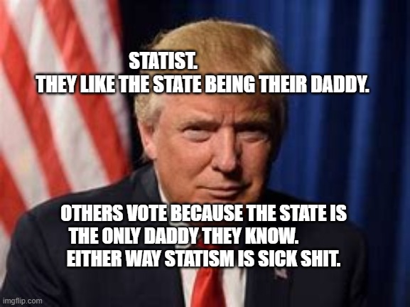 Trump Master Troll | STATIST.                      THEY LIKE THE STATE BEING THEIR DADDY. OTHERS VOTE BECAUSE THE STATE IS THE ONLY DADDY THEY KNOW.                 EITHER WAY STATISM IS SICK SHIT. | image tagged in trump master troll | made w/ Imgflip meme maker